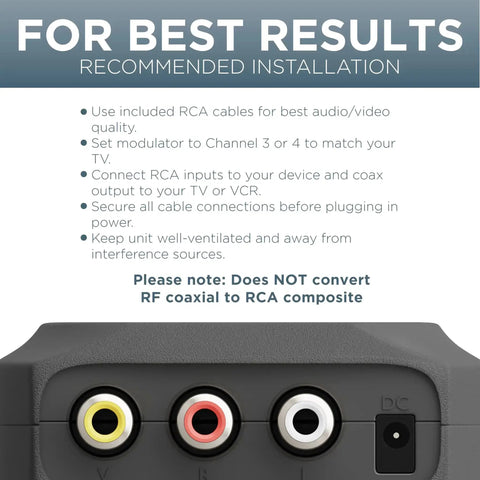 RCA to RF modulator installation tips, RCA inputs, includes AV cable, converts composite video and audio to channel 3 or 4 on TV.