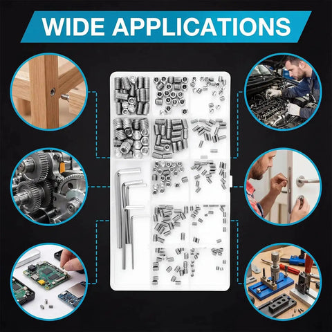 Pro Grade 300 Pcs All In One Set Screw Kit M3 M4 M5 M6 M8 304 Stainless Steel Cup Point Screws For Bathroom Fixtures Door Handles Knobs Faucets Plumbing Includes Wrenches, shown with hex wrenches and various applications.