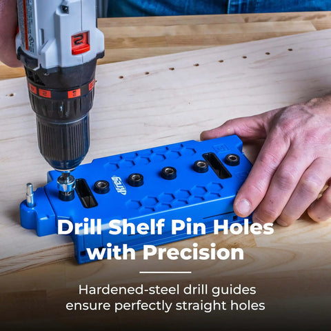 Pro Grade Shelf Hole Jig For Clean Wobble Free Shelves With Six Hardened Steel Drill Guides, Five Mm Hole Size, DIY tool in use