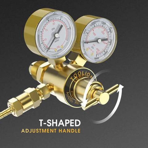 Close-up of Your Go To Dual Function Argon CO2 Regulator For MIG And TIG Welding with T-shaped adjustment handle