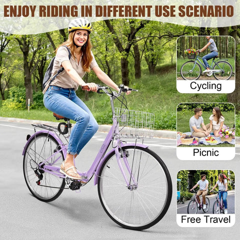 Woman riding Foldable 26 Inch Beach Cruiser Bicycle For Women And Adults With 7 Speed Shifting, Quick Fold Design in park