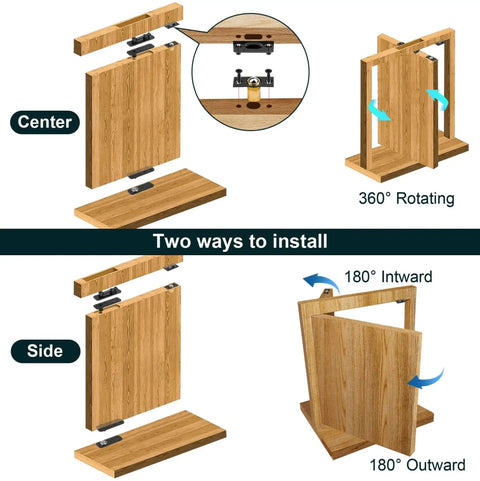 Illustration of Beefy Hidden Door Hinge Heavy Duty 870 Lbs Load Bearing With Thick Solid Steel Frame, showing 360° swivel and installation methods.