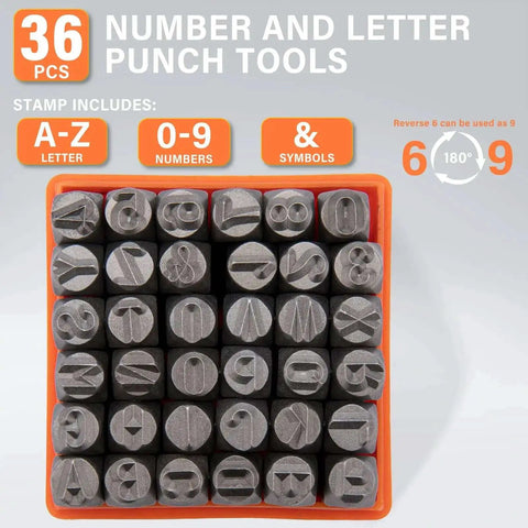 Letter And Number Punch Set One Quarter Inch Steel Stamp Kit For Metal Plastic Wood And Leather Imprinting Includes 26 Uppercase Letters A to Z 9 Numbers 0 to 9 and Ampersand Symbol 36 Piece Hand Stamp Tool For Do It Yourself Crafts showing 36 stamps in orange tray.