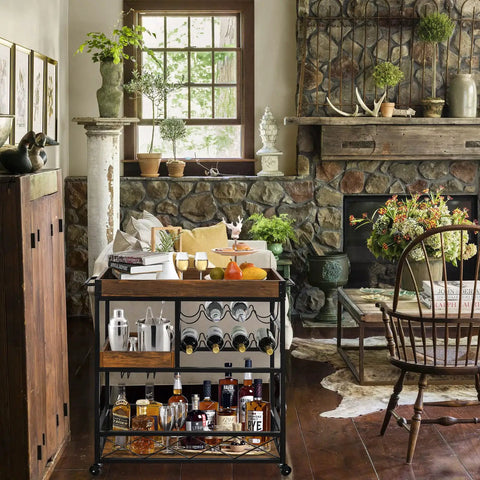 Bar cart with wood tabletop and black metal frame; 3-tier storage, wine rack, glass holders, on caster wheels