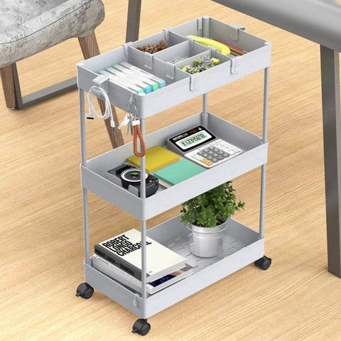 Three Tier Rolling Cart With Wheels For Office Living Room And Kitchen Gray Three Hanging Baskets Craft And Art Trolley Organizer