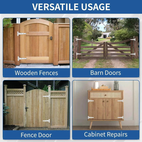 Versatile usage of 316 Stainless Steel T Strap Barn Door Hinges Heavy Duty 6 Inch Outdoor Gate Set Of 4 on various wooden structures.