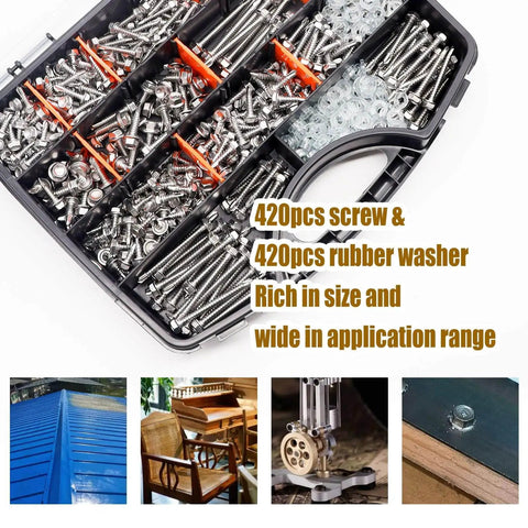 840 Pcs Self Tapping Screws for Metal Kit in 410 Stainless Steel in assorted sizes with rubber washers in compartment box
