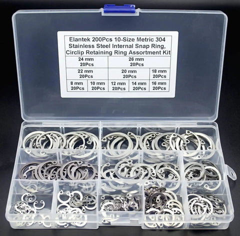 Internal Snap Ring Assortment Kit, 200Pcs 304 Stainless Steel Circlip Retaining Rings, 8mm To 26mm Sizes in a plastic case