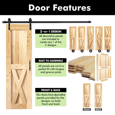 Heavy Duty Black Sliding Barn Door Hardware Kit For 40 Inch By 80 Inch Single Door With 7 Foot Flat Track, Classic Roller System Built Tough, Interior Use Only, Premium Carbon Steel Frame, Durable Nylon Wheels, Easy Install shown with 5-in-1 design, easy to assemble panels, front and back views.