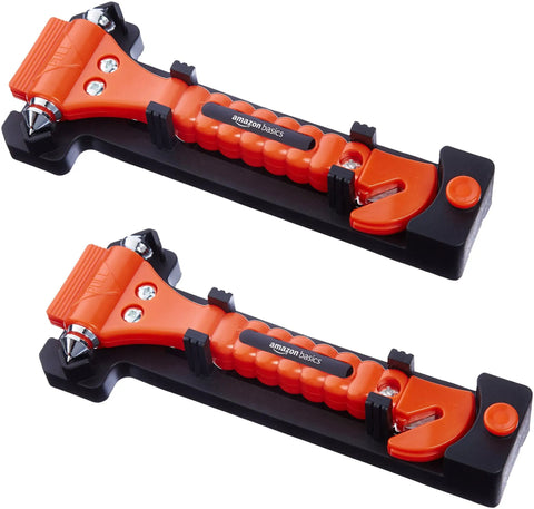 Emergency Escape Tool Kit With Window Breaker And Seatbelt Cutter For Cars Bright Orange Safety Hammer In Protective Bracket 2 Pack Tungsten Head Non Slip Grip SW-835, front view of two tools in brackets.