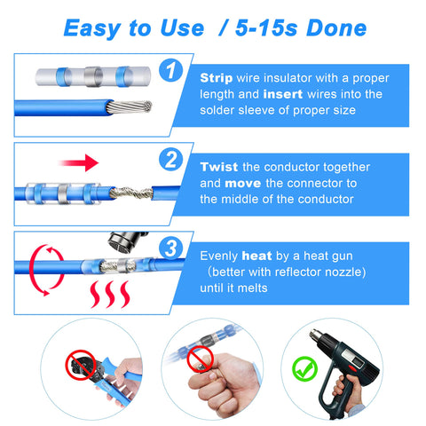 Kuject blue heat shrink solder seal wire connector kit, 120 pcs, waterproof insulated butt connectors for marine wiring