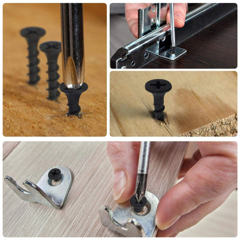 Size Eight By One And Three Sixteenth Inch Wood Screws Phillips Flat Head Self Tapping Carbon Steel Gray, 50 Pack For Hardwood And Fiberboard Projects used in assembly.