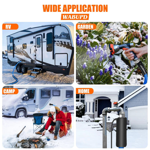 25ft heated water hose for RV, collage showing RV hookup, garden sprinkler nozzle, camping setup, and home faucet use.