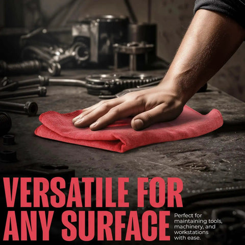 Cotton Shop Towels 12x14 Inch 100 Pack Ultra Absorbent Reusable Rags, used for cleaning a workshop surface.