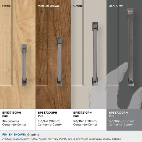 Comparison of Westerly Graphite Cabinet Pulls and finishes on wood surfaces: Maple, Medium Brown, Greige, Dark Gray, 1 Pack hardware.