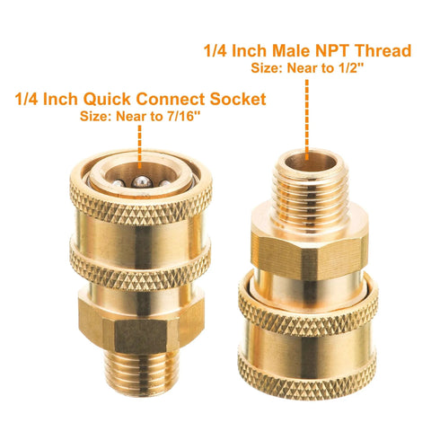 Brass Pressure Washer Quick Connect Fittings Kit Converts One Quarter Inch Quick Connect To One Quarter Inch Male NPT, 5000 PSI, Two Pack, Ball Lock Design, Corrosion Resistant And Built To Last For Home And Pro Use Ridge Washer, showing 1/4 Inch Quick Connect Socket and 1/4 Inch Male NPT Thread.