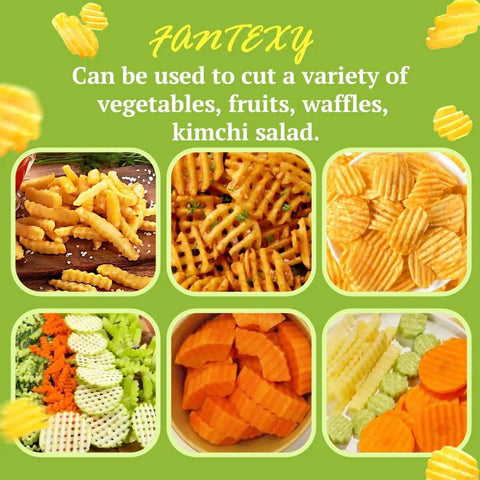 Crinkle Cutter for Veggies and Potatoes With Waffle Fry Style Wave Blade showcasing sliced fries and vegetables