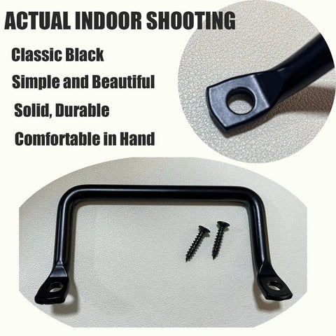 Matte Black Cabinet Hardware Handle Pull Set Of 4 For Cabinets And Drawers shown with screws, durable iron construction, indoor view