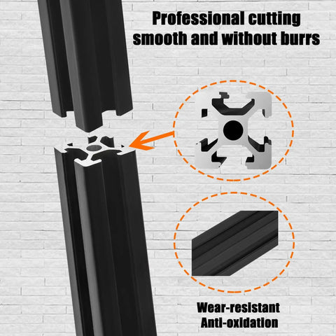 Close-up view of 31.5 Inch 2020 Aluminum Extrusion T Slot Rail European Standard Anodized Black Linear Rail with smooth cut