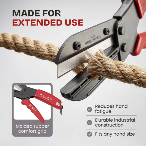 Multi-Cut 401 heavy-duty utility cutter slicing rope with molded grip and features shown