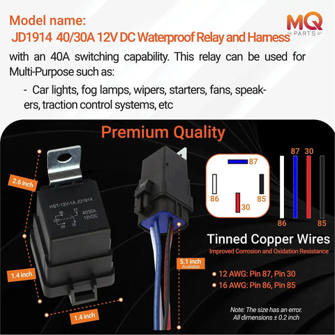 Diagram of Two Pack 4 Pin 40 30 Amp 12V DC Waterproof Relay Kit with tinned copper wires for rugged car wiring applications.