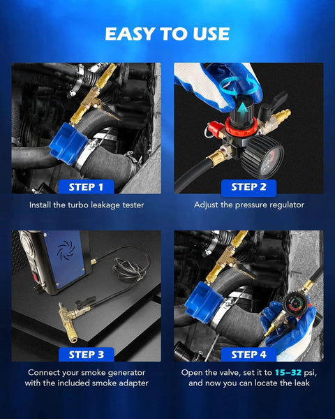Turbo Boost Leak Tester Kit with Smoke Adapter and 6 Pairs of Stepped Adapters 1.2 to 3.5 Inches installation steps