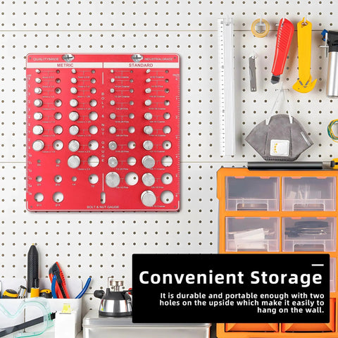 Pro Grade Nut And Bolt Thread Checker Gauge Kit With 42 Size Guide For Fasteners on pegboard wall for easy storage