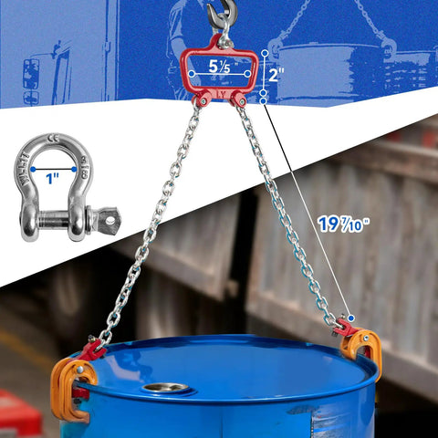 55-Gallon Drum Lift with chain and orange clamps lifting a blue steel drum; 2200 lb capacity for 30–55 gallon drums.