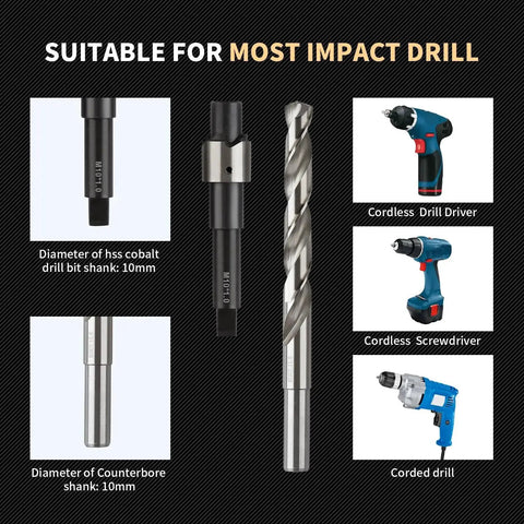 Thread Repair Kit M10X1.0X12.7MM With Stainless Steel Inserts And HSS Drill Tap Counterbore And Installation Driver showcased next to impact drills.