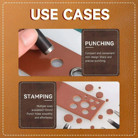 Use cases showing Leather Circle Cutter Set With 10 Round Punch Tools for precise leather punching and stamping in various sizes.