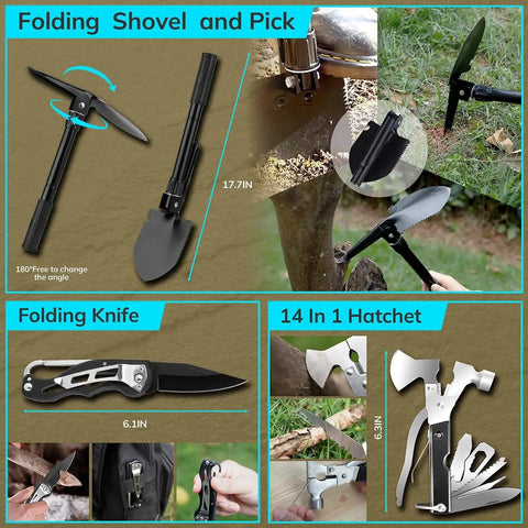 Folding shovel, knife, and hatchet from 251 Piece Emergency Survival Kit With Crossbody Bag for hiking, camping, outdoor use.