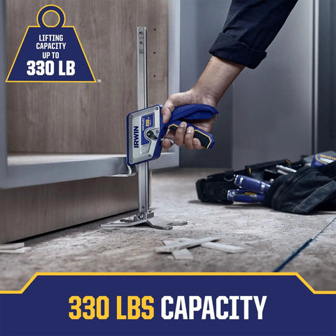 Quick Lift Construction Jack With 10 Inch Lift And 330 Lb Capacity in use lifting a cabinet in a home workshop setting