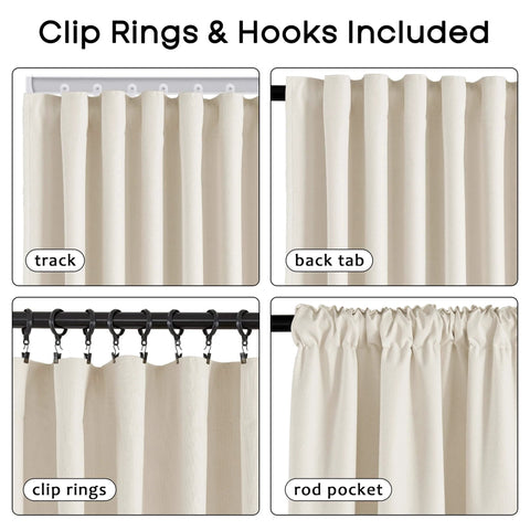 Light Beige Blackout Curtains 96 Inch Long Two Panel Set For Floor To Ceiling Installations In Living Room Or Bedroom Pet Friendly Faux Linen Anti Scratch No Fuss Keeps Light Out And Noise Reducing With A Sleek Tailored Look showing track, back tab, clip rings, and rod pocket installation options.