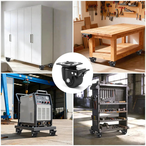 Four 3-inch heavy-duty plate-swivel casters with brakes; nylon wheels shown on a cabinet, workbench, and cart.