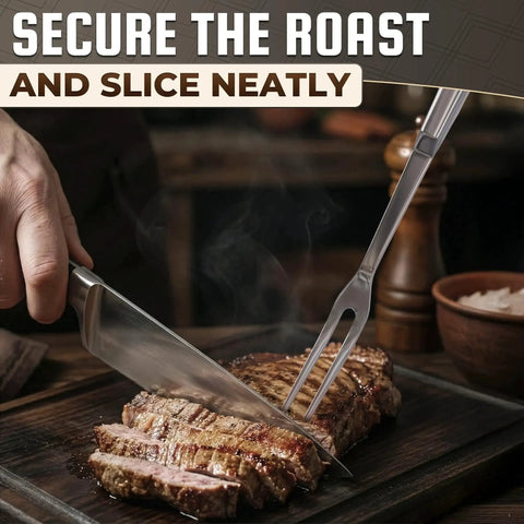 Meat Carving Fork 11 Inch Stainless Steel With Ergonomic Two Prong Handle in use slicing roast on cutting board
