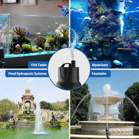 Simple Deluxe 800GPH bottom-suction submersible pump, 60W, with 3 nozzles for fish tanks, ponds, fountains