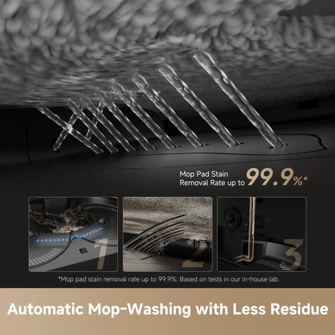 Dreame X50 Ultra robot vacuum and mop with auto-clean system; infographic shows mop pad washing and 99.9% stain removal.