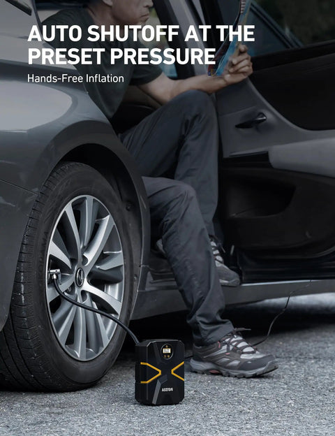 Portable 12V Tire Inflator With Digital Gauge And Auto Shutoff Preset To 150 PSI For Cars Motorcycles Bicycles And Inflatables On The Go Built In Quick Connect Nozzle AstroAI used hands-free for tire inflation.