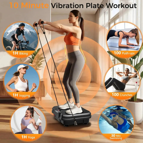 Woman using Vibration Plate Exercise Machine for lymphatic drainage and weight loss, full body workout in living room