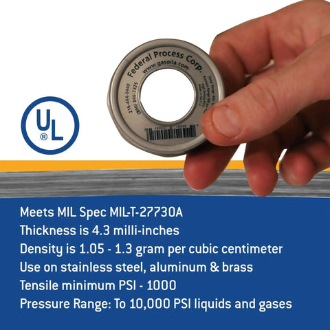 Hand holding Nickel PTFE Thread Seal Tape Pro Grade Heavy Duty 1/2 Inch By 260 Inch, label with specifications visible.