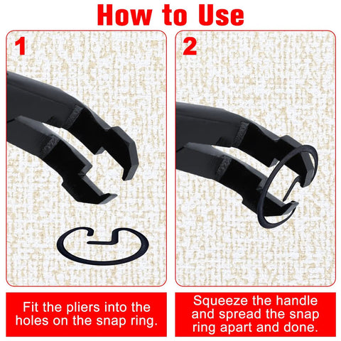 75 Degree Angled U-Joint Snap Ring Pliers With Push Pin Removal Tool showing how to use on Hotchkiss style rings, close-up view.