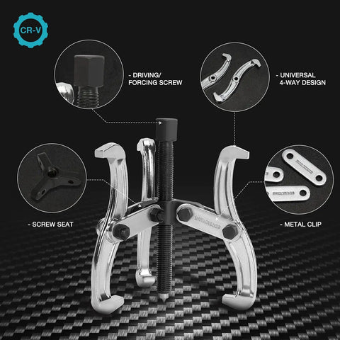 4 Inch 3 Jaw Gear Puller for Removing Gears Pulleys Bearings and Flywheels, fully assembled, drop forged CRV steel jaws, on carbon-fiber backdrop.