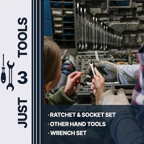 Two people selecting tools from a mechanics tool set including a ratchet and socket set, hand tools, and wrench set.