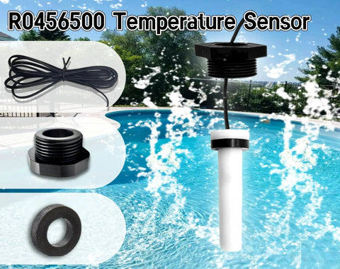 Upgraded R0456500 Temperature Sensor Replacement For Zodiac Jandy Legacy Pool And Spa Heaters Compatible With LRZE LRZM JXI LXI 125 175 200 250 260 300 325 400 Series Models TYHI displayed by pool with cable, sleeve, spacer.
