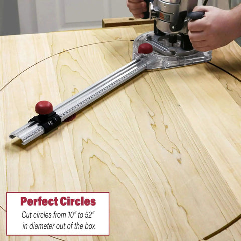 Circle Guide Router Kit For Precise Circle Cutting From 1.5 Inches To 52 Inches With Offset Base Includes Small And Large Jigs Imperial And Metric Scales Easy Readout Window Milescraft 1219 in use on wood surface