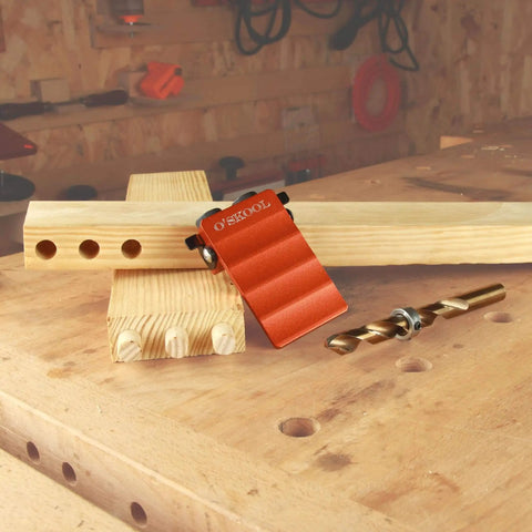 Solid Aluminum Dowel Jig Kit With Laser Cut Witness Mark And Depth Scale For Precise Drilling, shown with wood and cobalt M35 bit