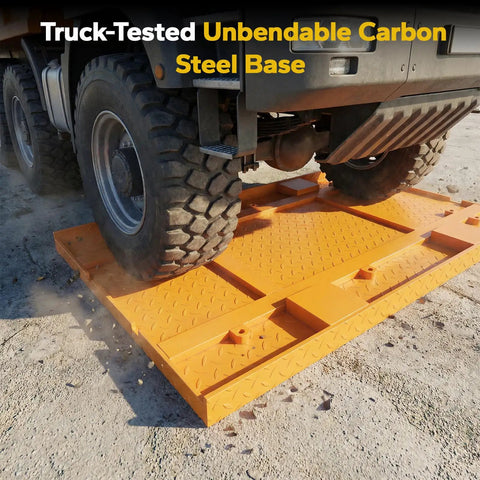 Side view of orange electric lifting platform cart with 47x28-in diamond-plate deck, 41-in lift, locking brake wheels.