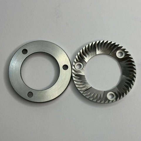Stainless steel 40mm flat burr blade and base for electric espresso grinders, replacement part visible from above, dual-sided design.