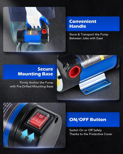 12 Volt Diesel Transfer Pump Kit with nozzle and hoses for fast fuel transfer self priming DC electric pump, handle, base, button shown.