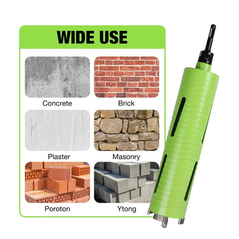 Two And A Half Inch Dry Core Drill Bit With Pilot Bit And Dual Adapters For SDS Plus And Hex Five Eighth Eleven Threaded Diamond Core Bit For Concrete Brick And Masonry Ten Inch Drilling Depth By Betteri with wide use applications displayed.